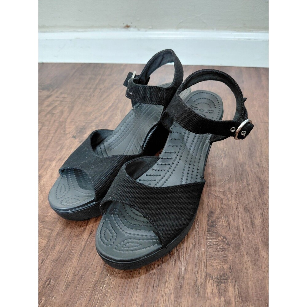 Crocs Leigh II Sandals Women's 9 Black Ankle Strap Buckle Comfort Wedge Shoes - Picture 2 of 8
